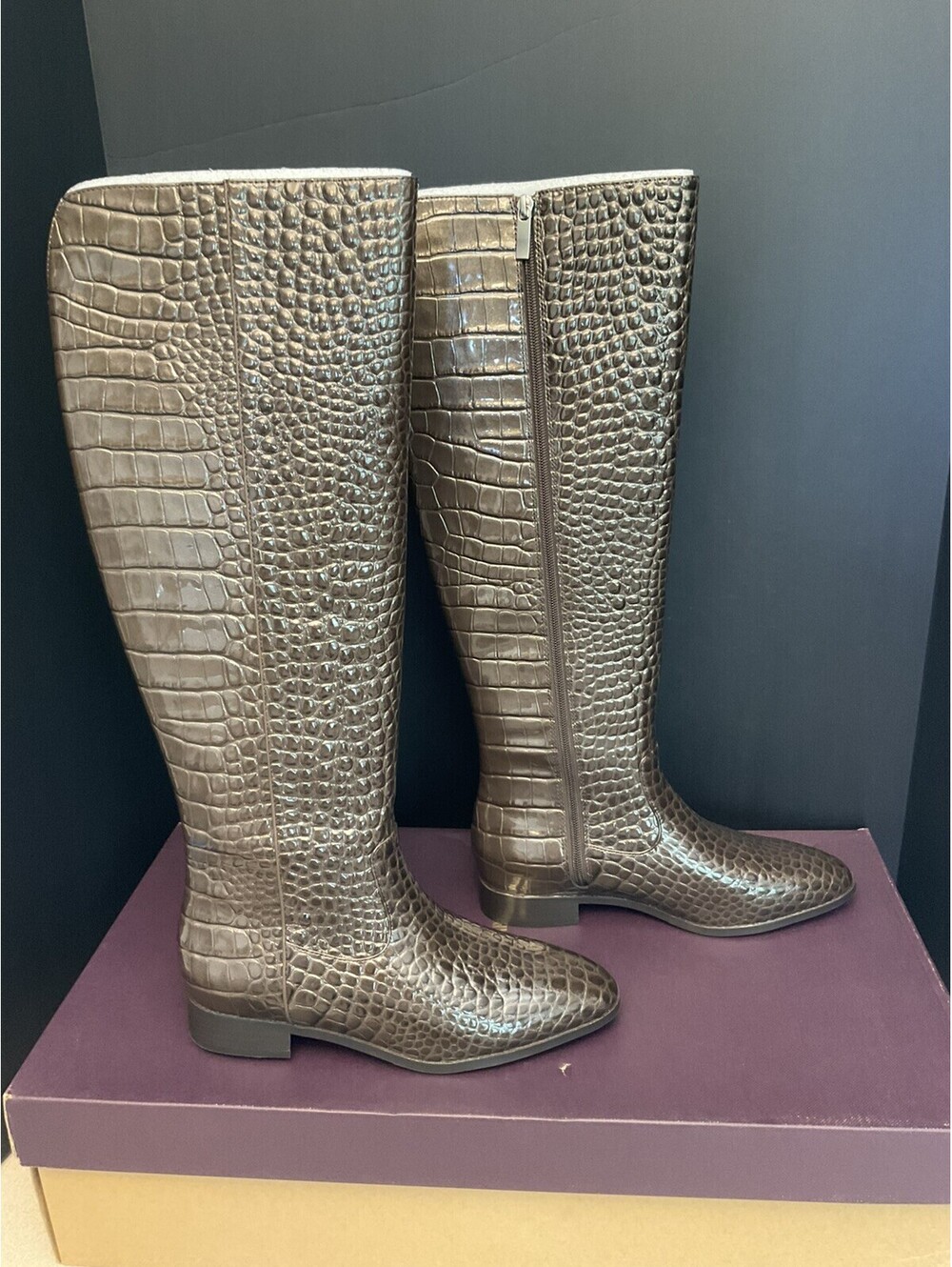 New! Womens Johnston & Murphy Tinsley Brown Croc Patent Riding Boots. Size 9M.